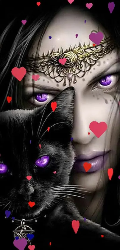 Mystical woman with purple eyes, adorned with cat and hearts.