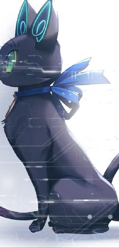 Anime-styled black cat with glowing accents and a blue ribbon.