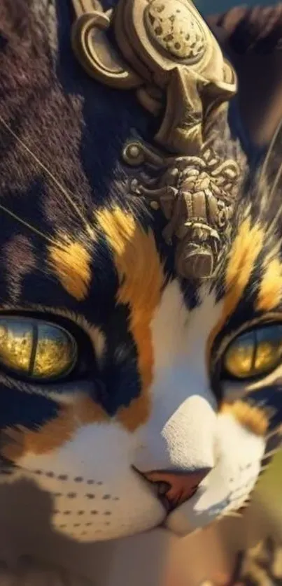 Mystical cat artwork with golden hues and intricate details.