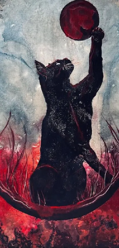 Mystical black cat reaching for a red moon in an artistic design.