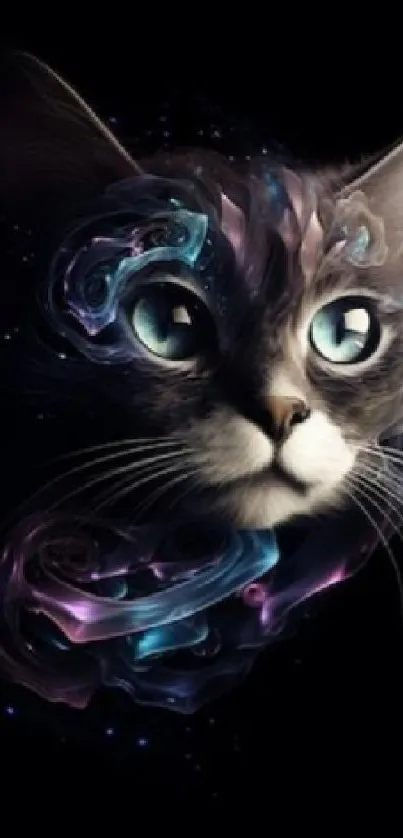 Mystical cat face with cosmic swirls on a black background.