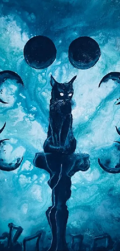 Mystical black cat with lunar phases on teal background.