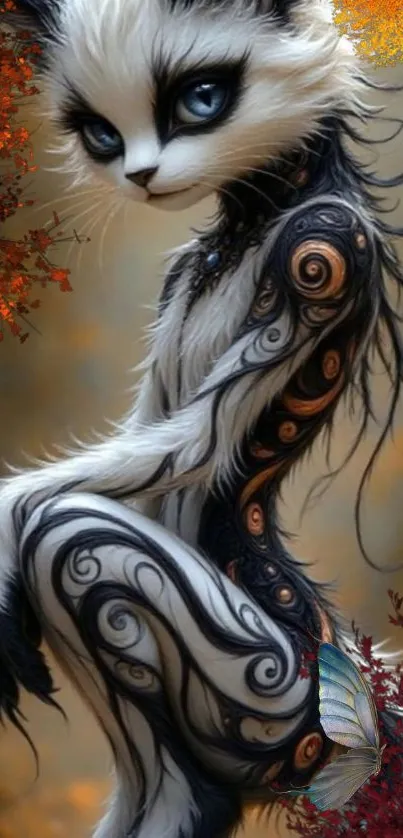 Mystical cat with intricate designs in fantasy setting.