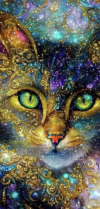 Mystical cat artwork with vivid colors and intricate designs.