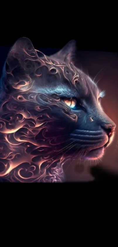 Mystical cat with fiery swirls in a captivating art style on a mobile wallpaper.