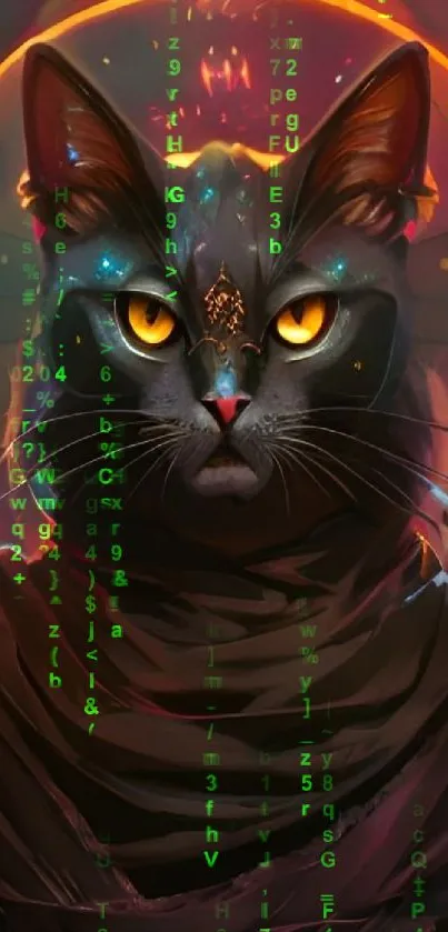 Mystical cat with golden eyes in digital art wallpaper.