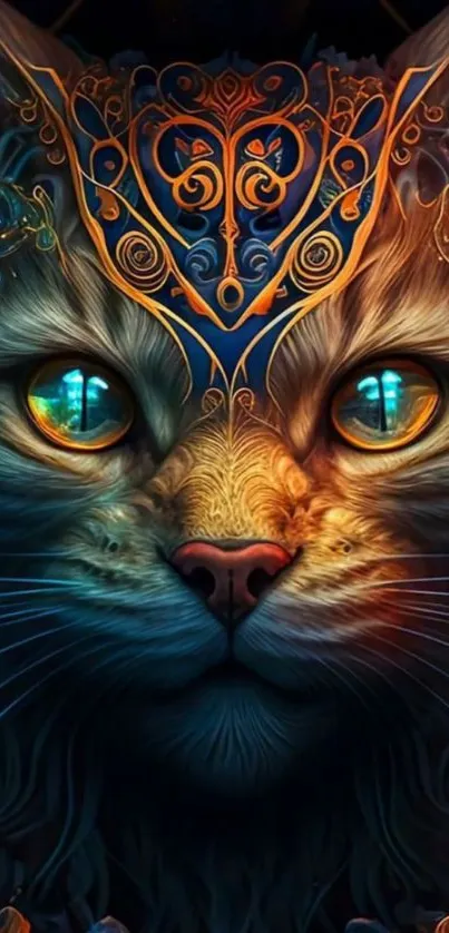 Mystical cat illustration with colorful, intricate designs and vivid patterns.