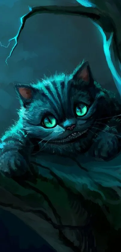 Mystical cat wallpaper with glowing eyes.