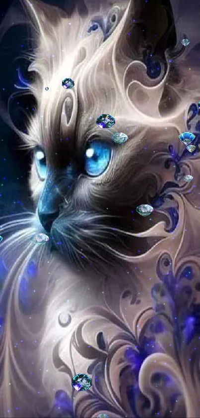 Mystical cat with artistic swirls of blue and white on a wallpaper background.