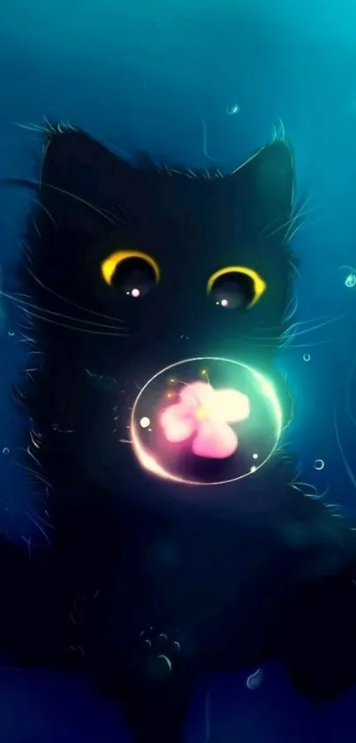 A mystical cat with glowing eyes and bubble in a dark, vibrant setting.