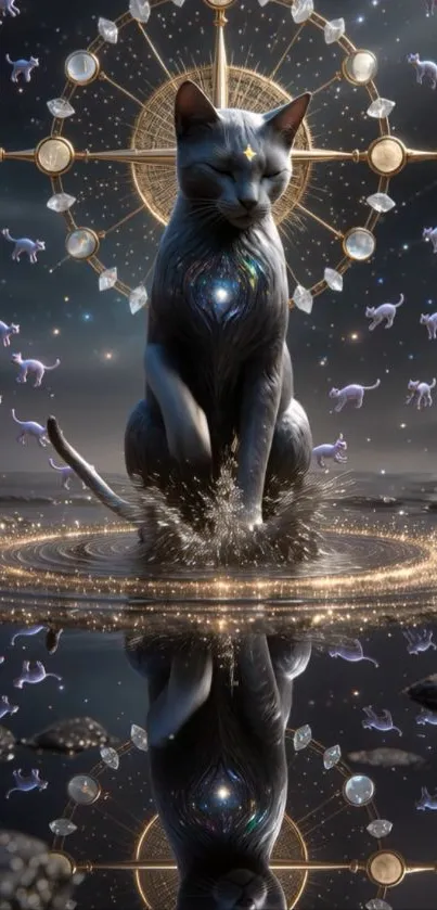 Mystical cat with cosmic reflection and celestial background.