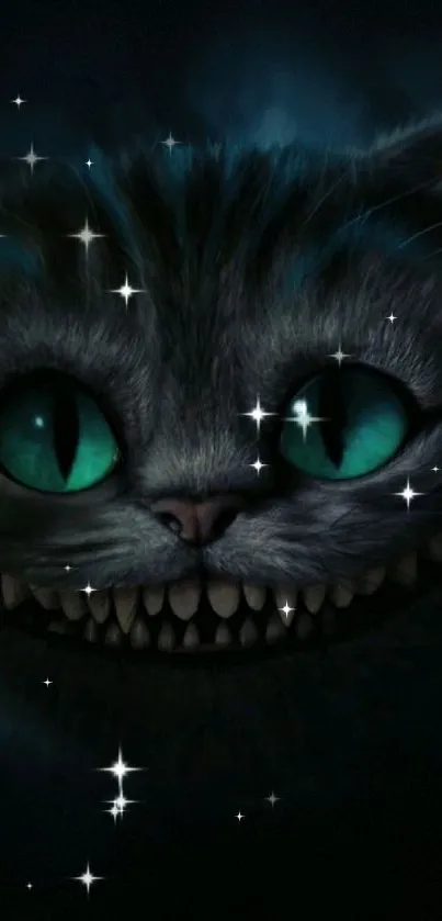 Grinning mystical cat with green eyes on a dark background.