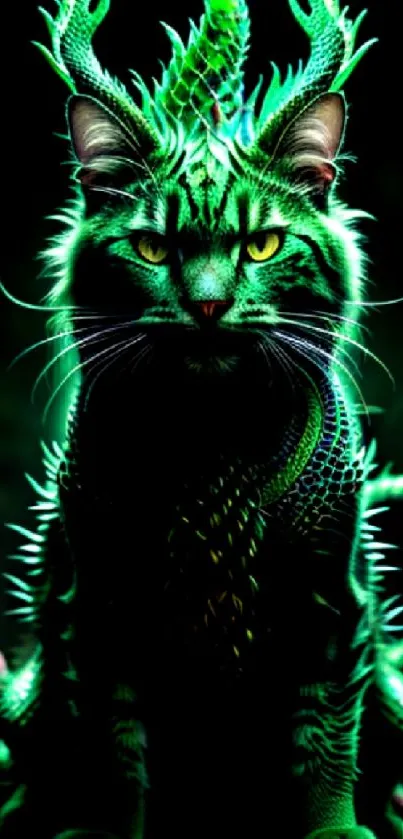 A mystical cat with dragon-like features in vivid green, set as mobile wallpaper.