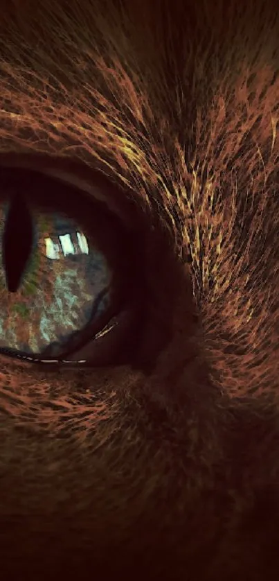 Close-up of a cat's mystical eyes with rich brown tones.