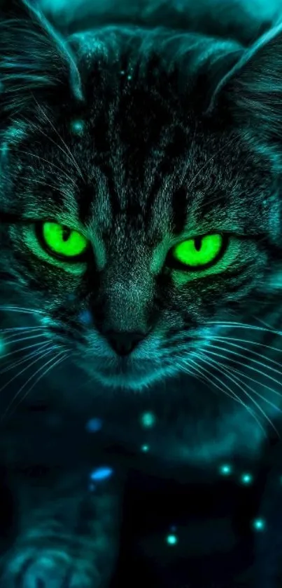 Mobile wallpaper of a cat with glowing green eyes on a dark background.