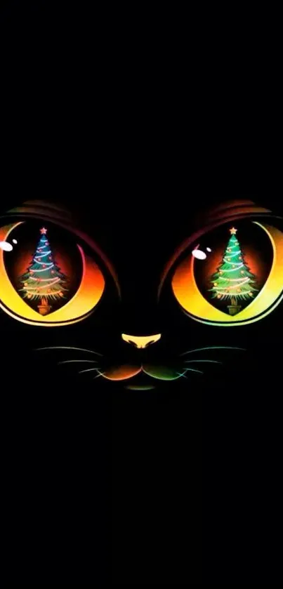 Mystical cat eyes with festive reflection on a dark background.