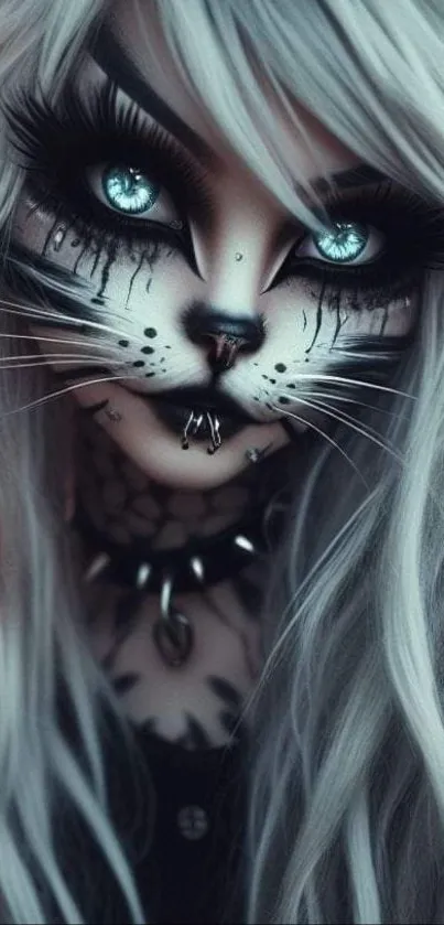 Artistic wallpaper with mystical cat eyes and fantasy makeup for mobile devices.