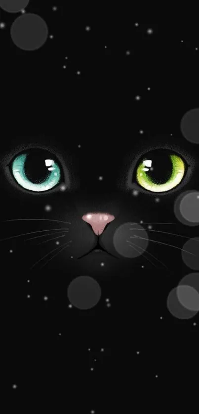 Black cat with green and blue eyes in a dark background wallpaper.