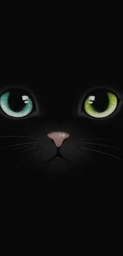 Mystical cat eyes with green and blue pupils on a black background.