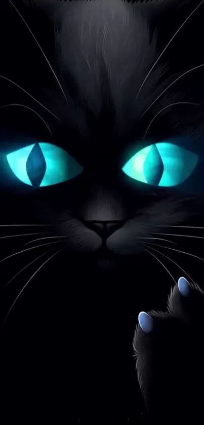 Mystical wallpaper of glowing cat eyes in the dark.