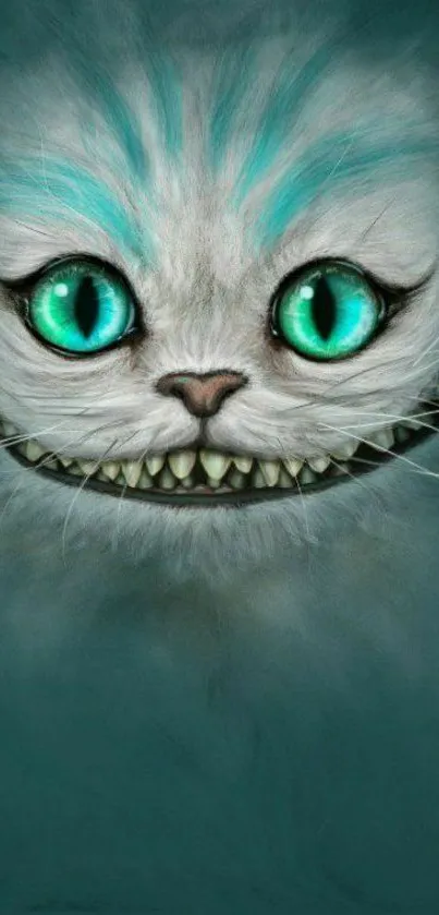 Mystical cat with turquoise eyes and whimsical grin on dark background.