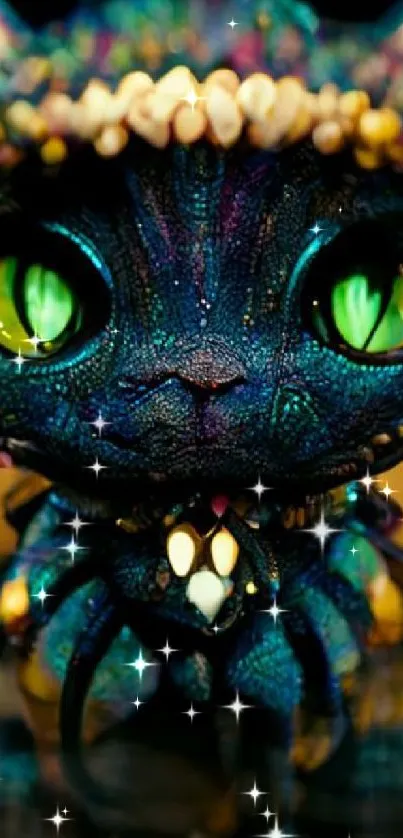 Mystical, detailed fantasy cat with glowing eyes in dark hues.