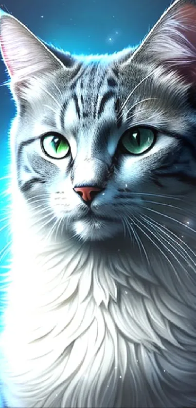 Mystical cat art with neon blue and green eyes.