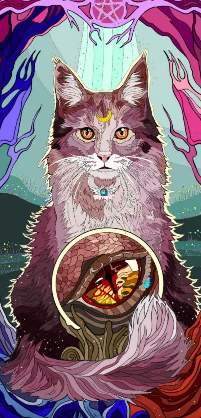 Mystical cat artwork with vibrant colors and fantasy themes.