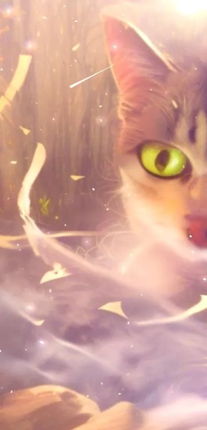 Ethereal fantasy cat with green eyes in a mystical, dreamy setting.