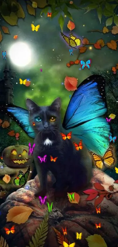 Mystical cat with butterfly wings amidst pumpkins and autumn leaves at night.