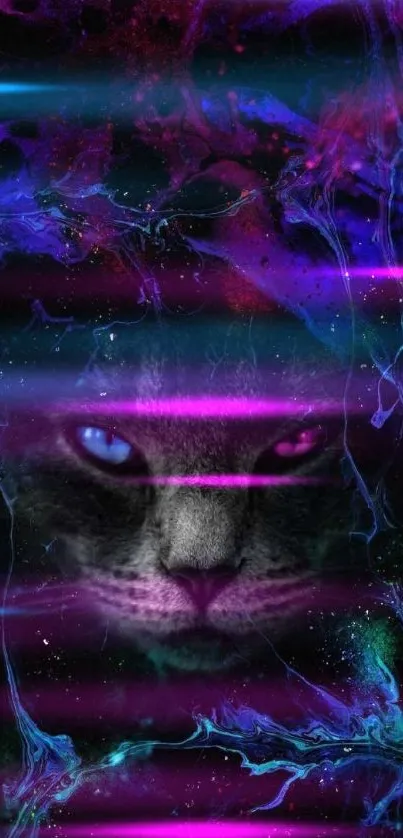 Mystical cat with dual-colored eyes in a vibrant galaxy-themed wallpaper.