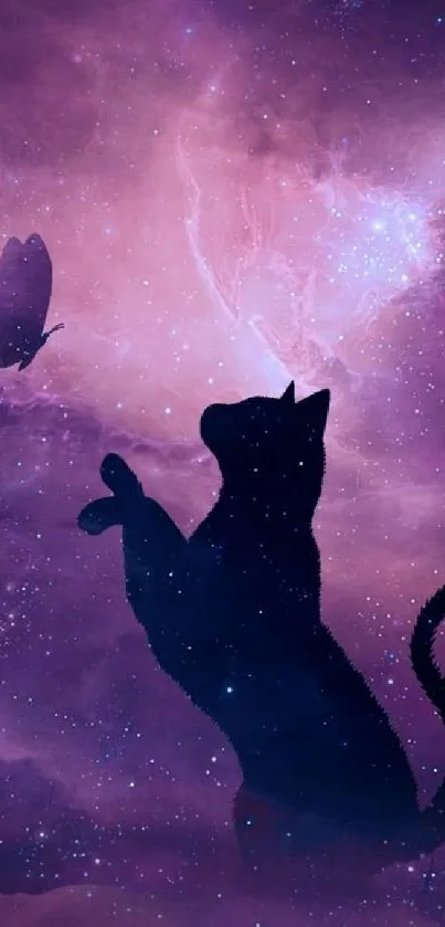 Cat silhouetted against a purple galaxy with nebula and stars.