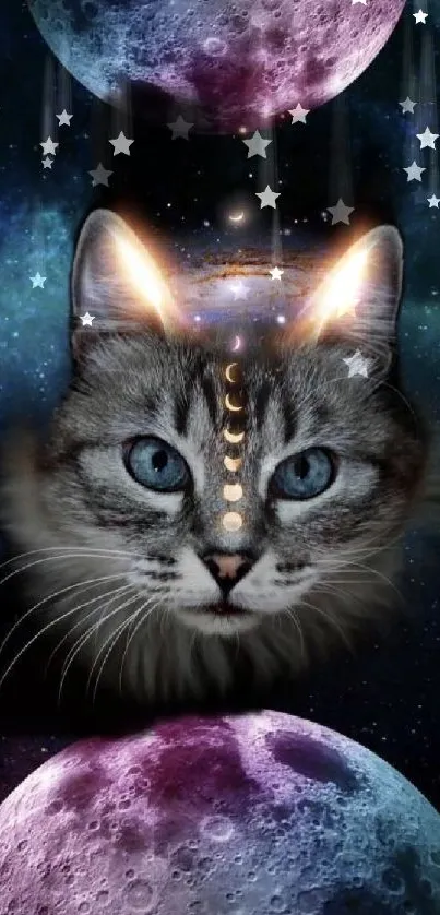 A mystical cat with blue eyes amidst a galaxy backdrop with moons.