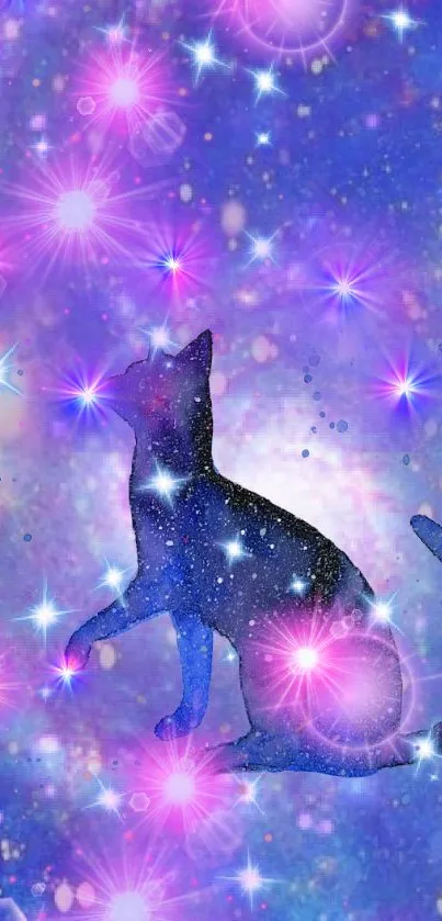 Silhouette of a cat in a purple starry galaxy wallpaper.