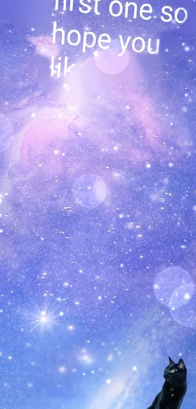 Mobile wallpaper with a galaxy and black cat under a purple night sky.