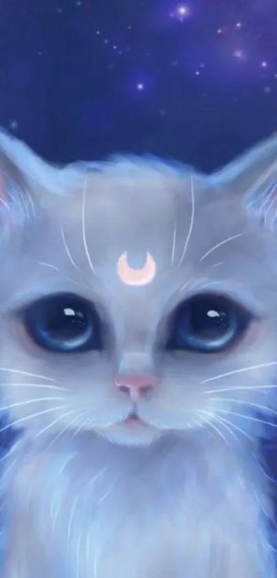 Mystical cat with crescent on head in a starry galaxy background.