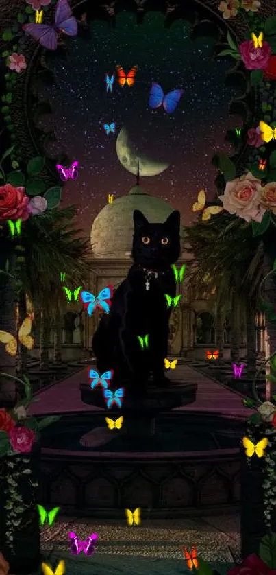 Mystical garden wallpaper with a black cat and crescent moon.