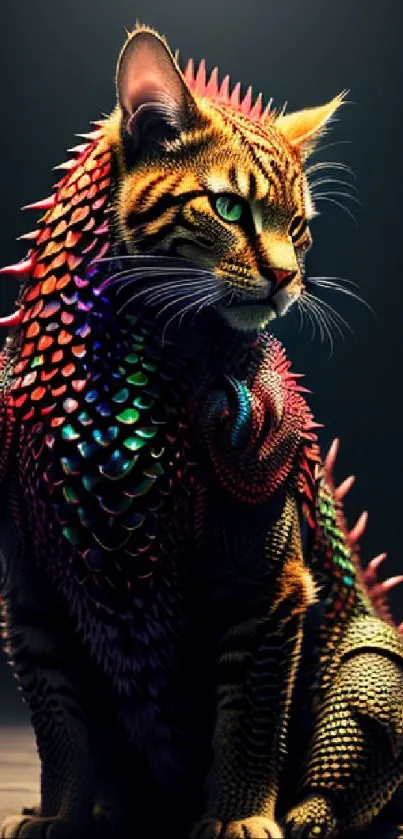 Fantasy mystical cat with colorful scales and glowing patterns.