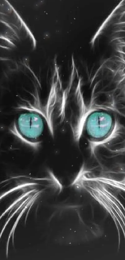 Mystical glowing cat with turquoise eyes on black background.