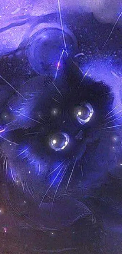 Mystical cat glowing in purple and blue hues on mobile wallpaper.