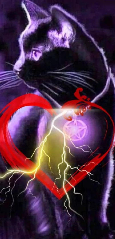 Mystical cat with heart and lightning on a purple background.