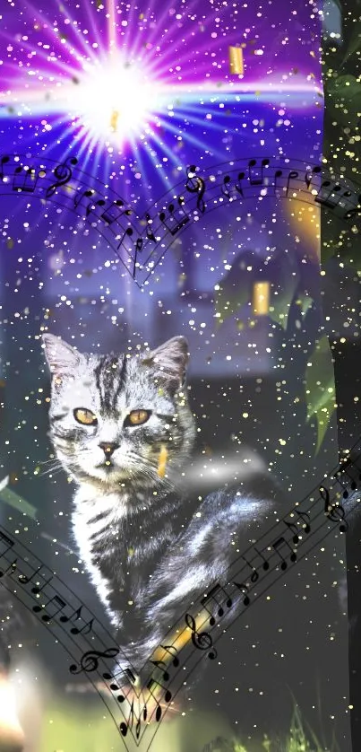 Mystical cat with music notes under cosmic light in a heart-shaped design.