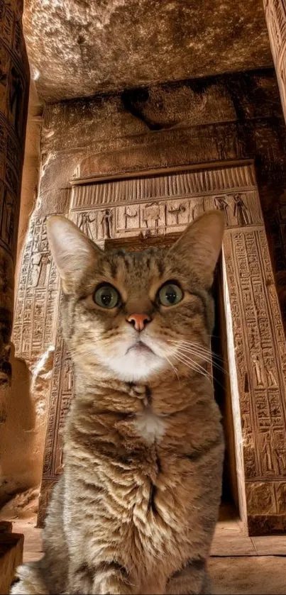 Cat in ancient temple with stone carvings and pillars.
