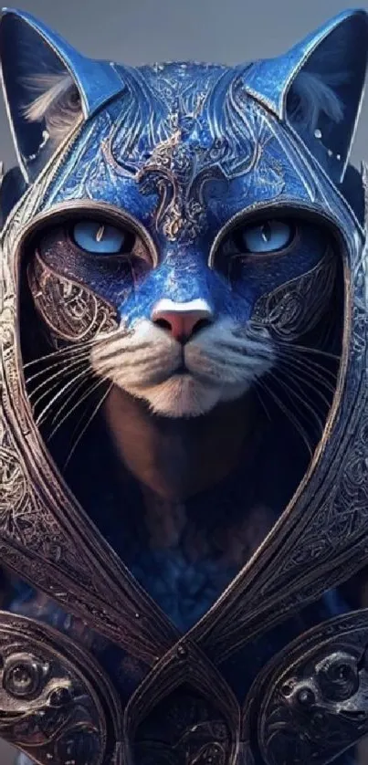 Mystical armored cat in fantasy art design.