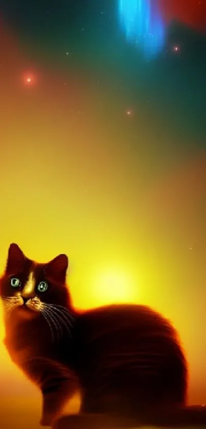 A mystical cat sits in vibrant aurora light.