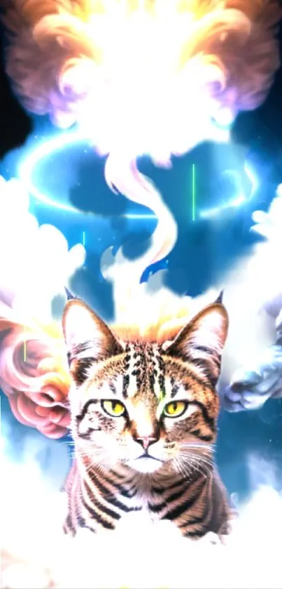 Majestic cat in vibrant cosmic clouds with glowing aura.