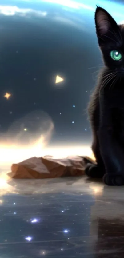 Mystical black cat with glowing eyes in a cosmic landscape with stars.