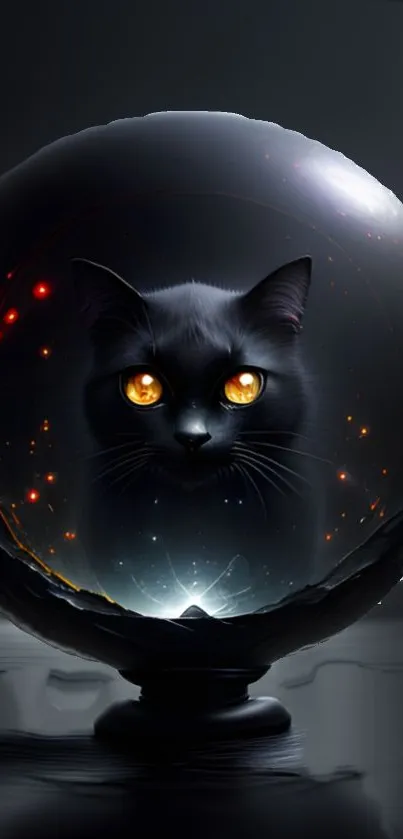 Mystical black cat in a crystal ball with glowing eyes, set on a dark background.