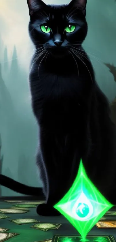 Black cat with glowing eyes in an enchanted forest, mystical wallpaper.