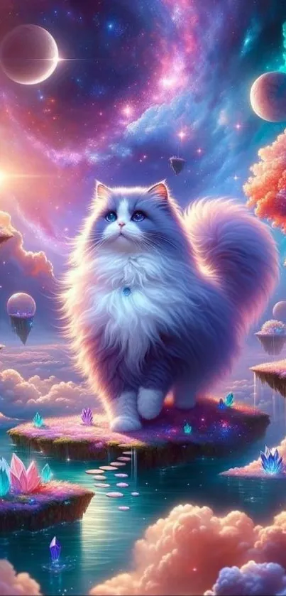 A fluffy cat in a vibrant, mystical fantasy landscape with crystals and celestial skies.